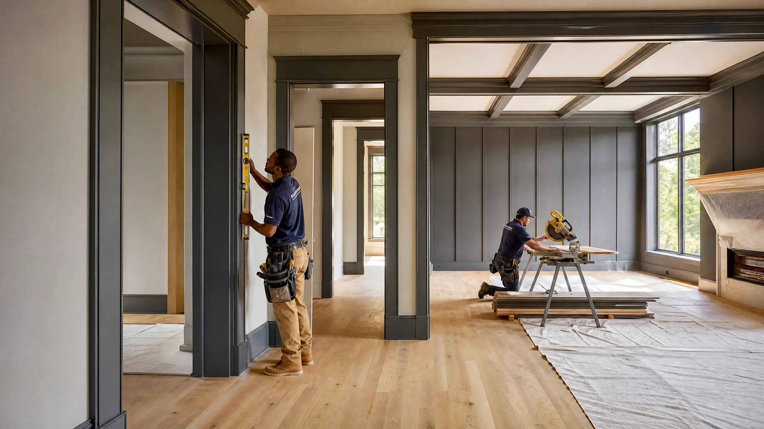 Interior trim carpentry installation in a luxury residential home
